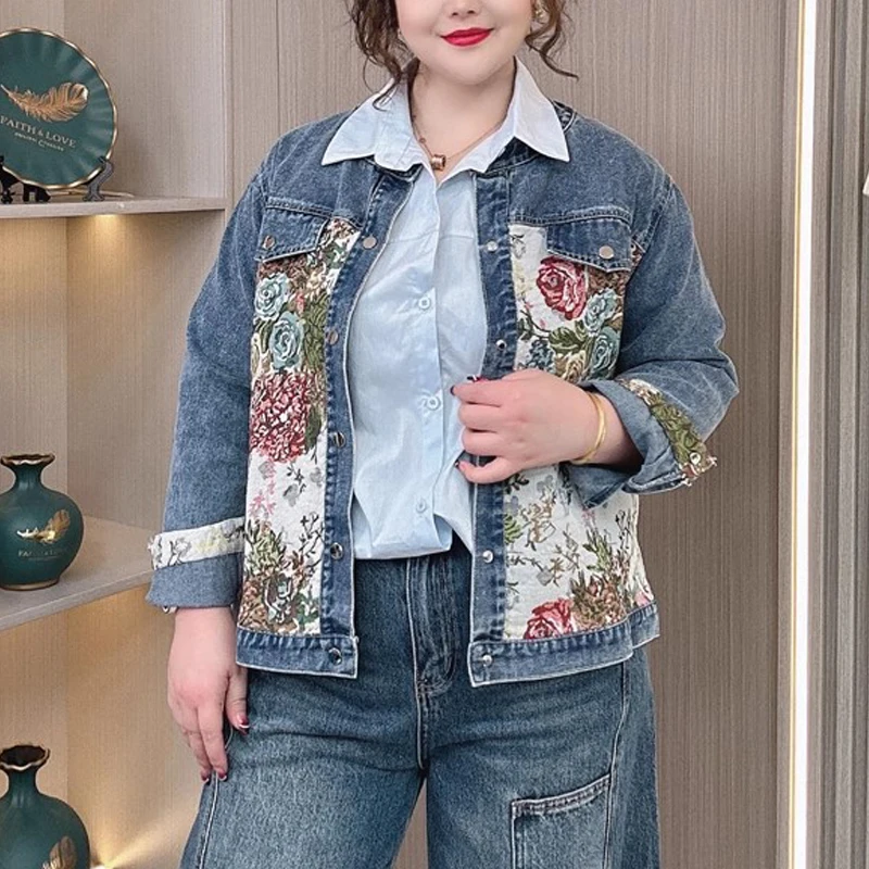 2025 Spring Chinese Style Embroidered Denim Jacket For Women, Plus Size Long Sleeve Coat With Patchwork Design, Casual 8286