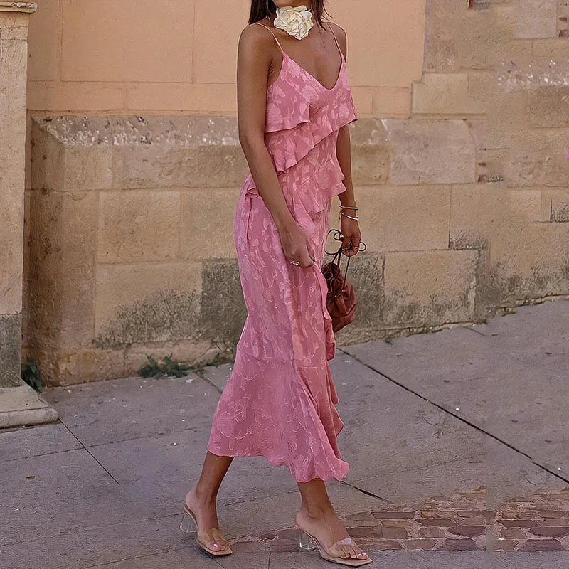 

Independent station European and American women's wear 2023 summer leisure new sling solid color loose long dress