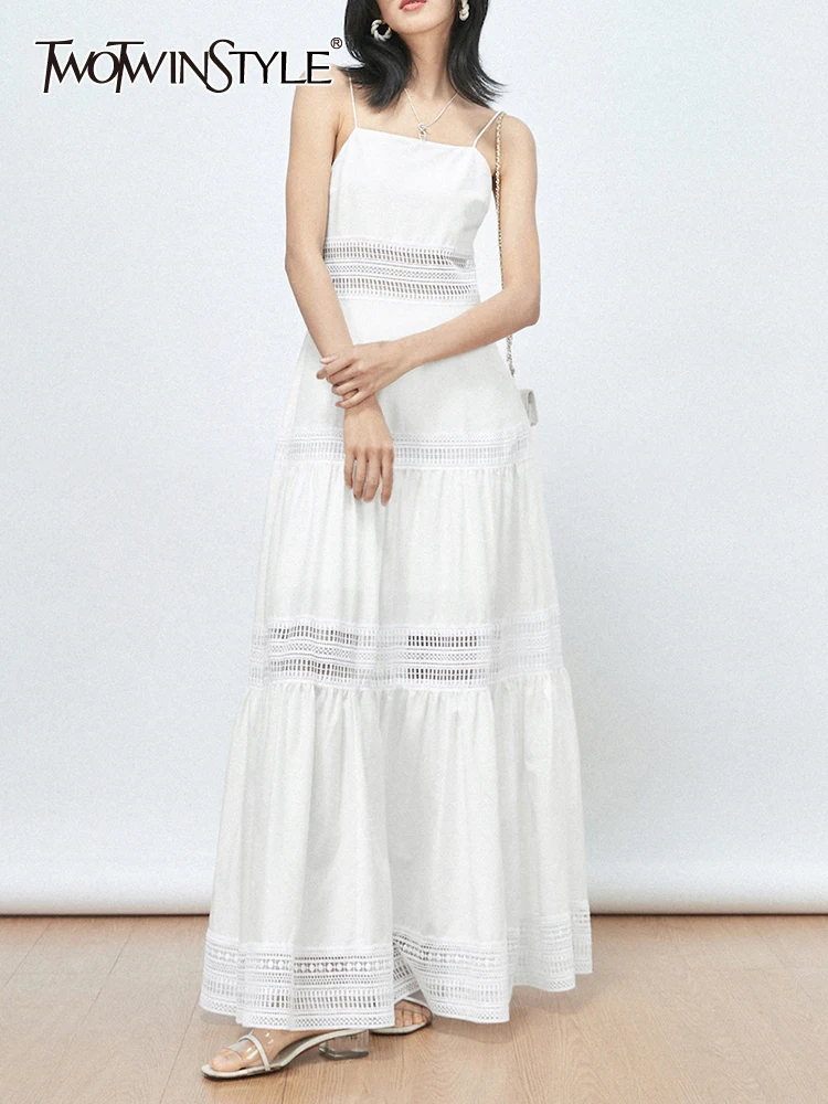 

TWOTWINSTYLE Patchwork Lace Dresses For Women Square Collar Sleeveless High Waist Hollow Out Summer Dress Female Fashion 2023