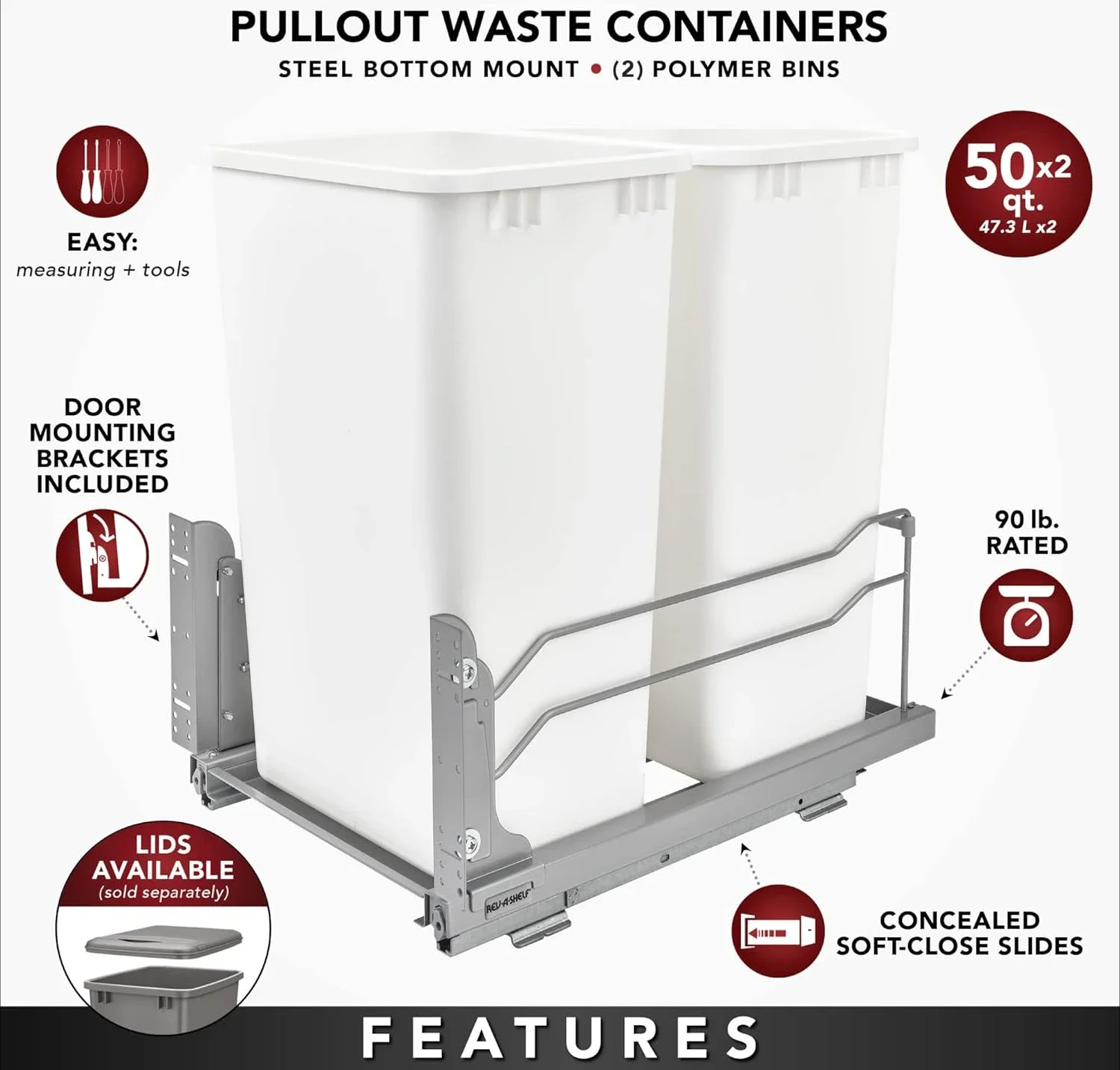 Double Pull Out Trash Can for Full Height Kitchen Cabinets 50 Quart 12.5 Gallon with Soft-Close Slides, Metallic Silver 3