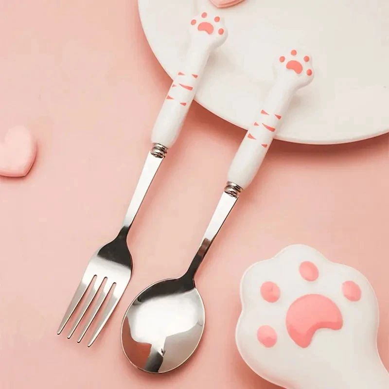 Juego de vajilla Kawaii con forma de pata de gato, tenedor y
