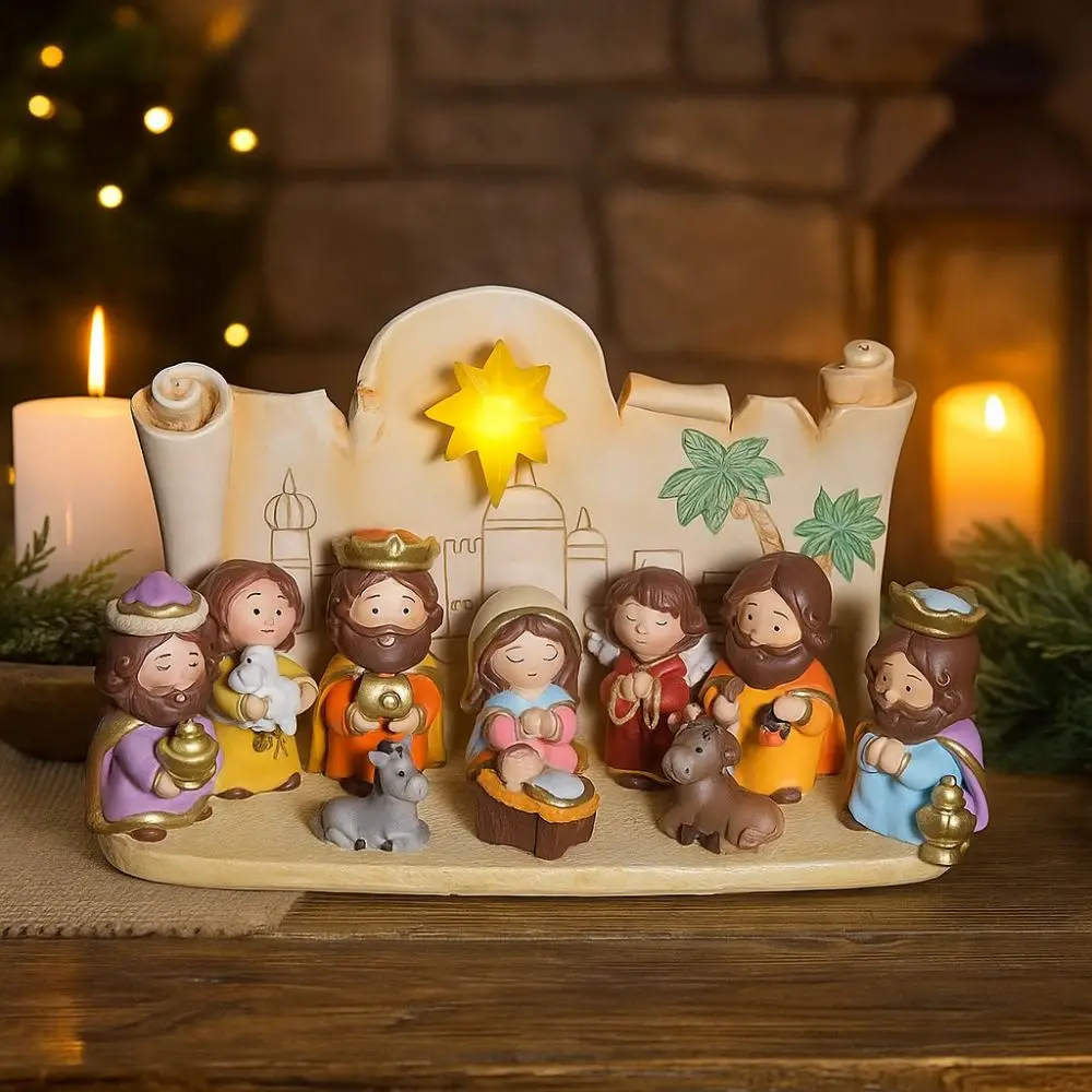Resin Nativity Manger Ornament Miniature Cartoon Nativity Figurine Hand Painted LED Lights Jesus Child Statue Home Decor