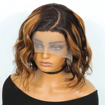 Highlight Wig Human Hair Body Wave Bob Wig Brown Honey Blonde P3/33 Color Brazilian Hair Pre Plucked T Part Lace Wigs For Women - Image 3