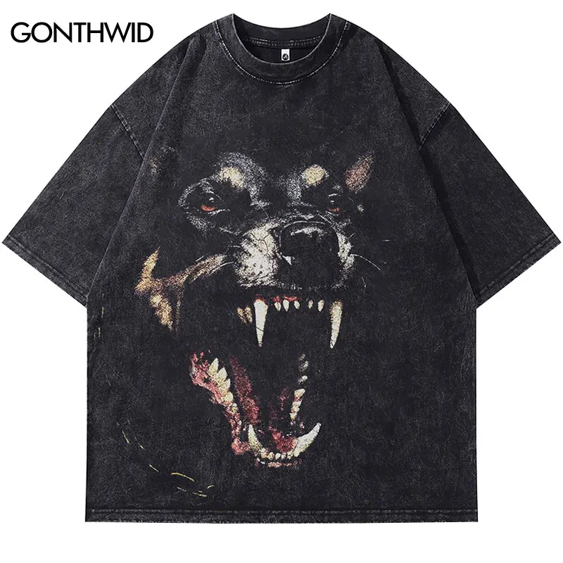 

Vintage Tshirt Doberman Dog Graphic Print Black Washed T-Shirt Hip Hop Punk Gothic Streetwear Shirts 2024 Harajuku Men Tops Tee