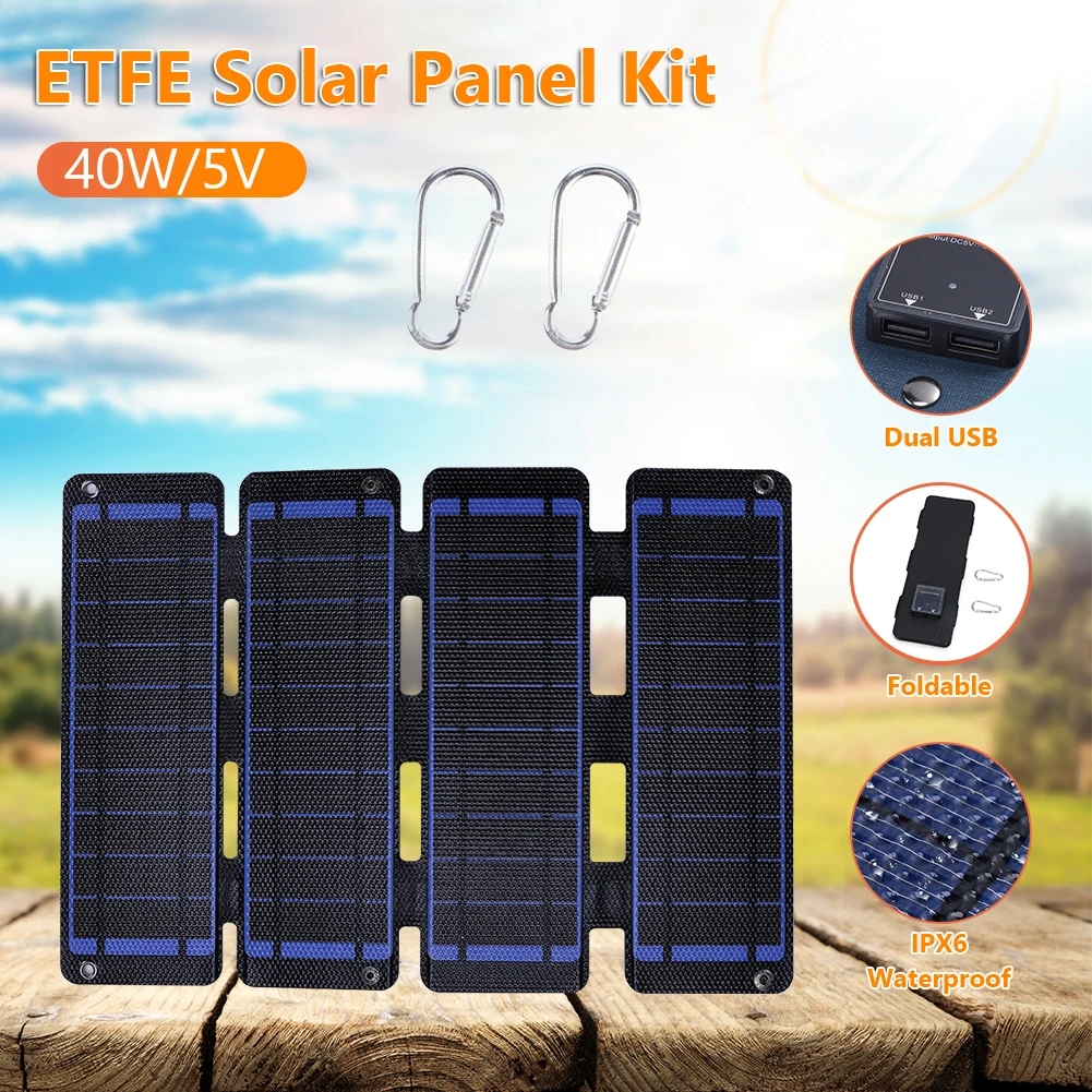 5V 40W Foldable Solar Panel Dual USB 2.0 Output IPX6 Waterproof Emergency Power Bank Ultra-thin Anti Scratch for Outdoor Camping
