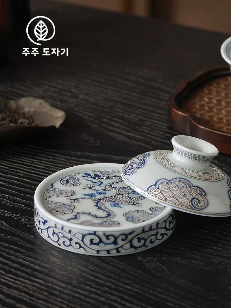 수제 은도금 청백 구름 무늬 용 모양 컵받침, 작은 자색 점토 냄비 뚜껑 받침, 다도 용품 선물