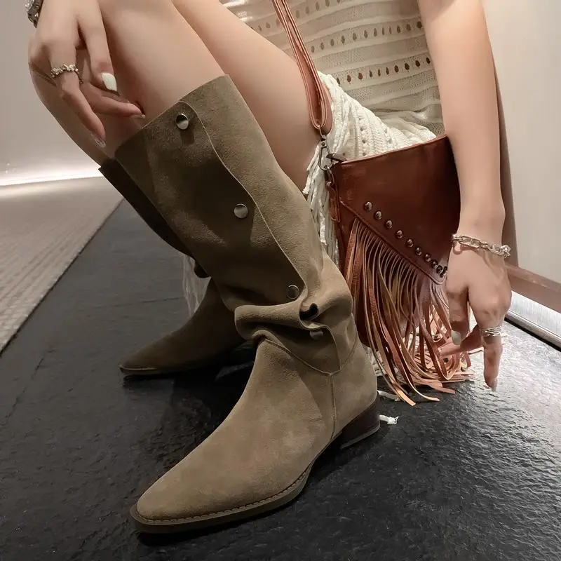 

High Quality Full Cow Suede Genuine Leather Women Boots Rivets Design Comfortable Fashion Pure Colour Outdoor Woman Ankle Boots