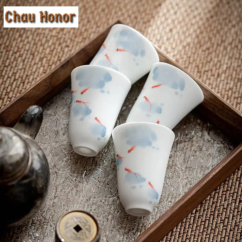 2pc/set Pure Hand-painted Fish Play Ceramic Sample Tea Cup White Porcelain Tea Maker Fragrance-smelling Cup Kung Fu Teaware 40ml