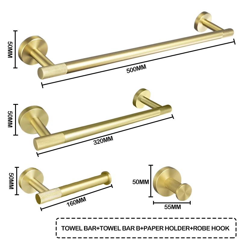 

Brushed Gold Bathroom Stainless Steel Hardware Towel Bar Paper Holder Toilet Brush Holder Towel Hook Double Hook