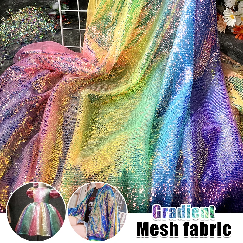 Farbverlauf, Regenbogenfarben, glänzendes Material, Pailletten, Fischschuppenstoff für Anzug, DIY, Nähen, Basteln, Kleidung, Zubehör, 130 cm Breite – Detail 4