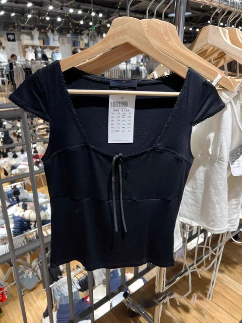 Haut court en dentelle avec nœud pour femme, haut à col carré, t