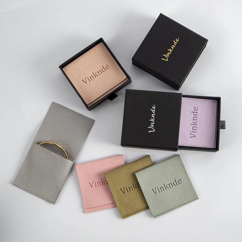 100Sets Print Logo Black Drawer Paper Jewelry Box Inside with Microfiber Velvet Suede Cotton Bag  Jewellery Display Gift Pouch