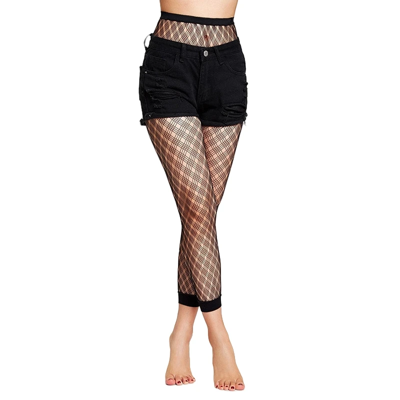 Damenmode, fußlose Netzstrumpfhose, hohe Taille, durchsichtige Netz-Leggings, schwarze Netzstrümpfe, Strumpfhosen – Detail 8