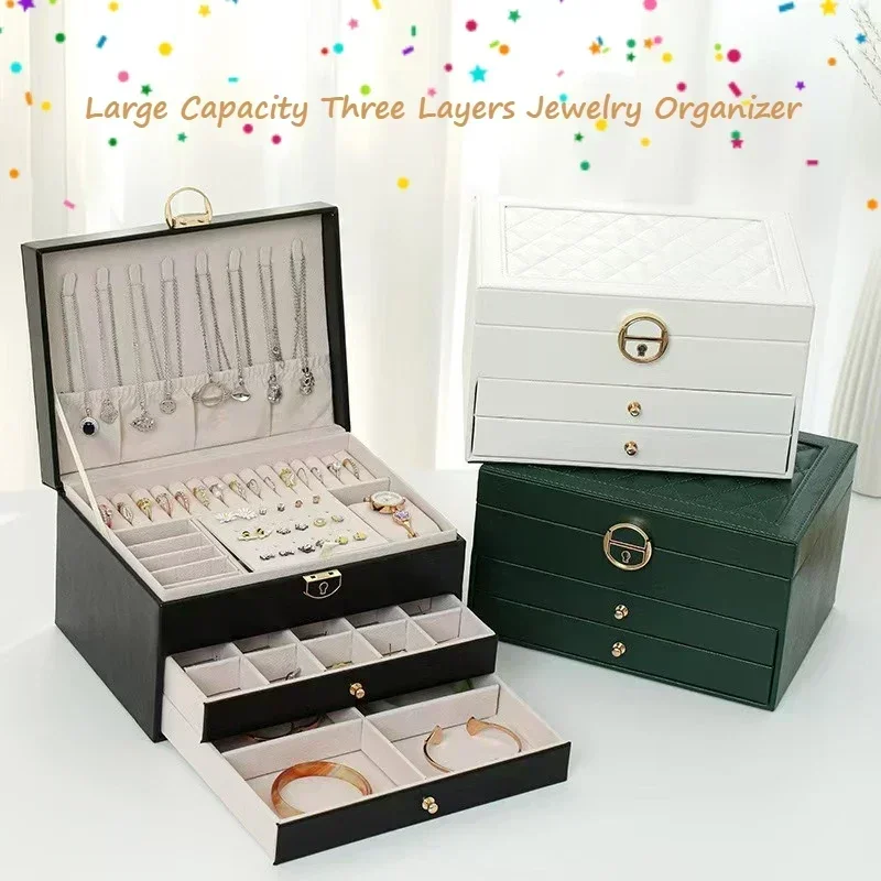 Three-layer Large-capacity Box with Compartments for Necklaces, Bracelets, Rings, Watch Storage, and Earrings and Jewelry Box