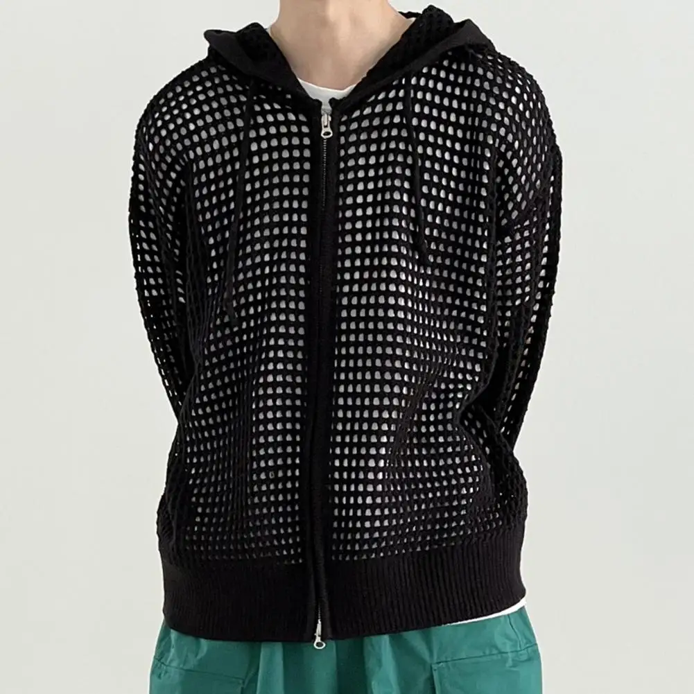 Fall Winter Men Cardigan Jacket Hip Hop Hollow Out Hooded Sweater Zipper Solid Cardigan Male Coat Hip Hop Men Coat