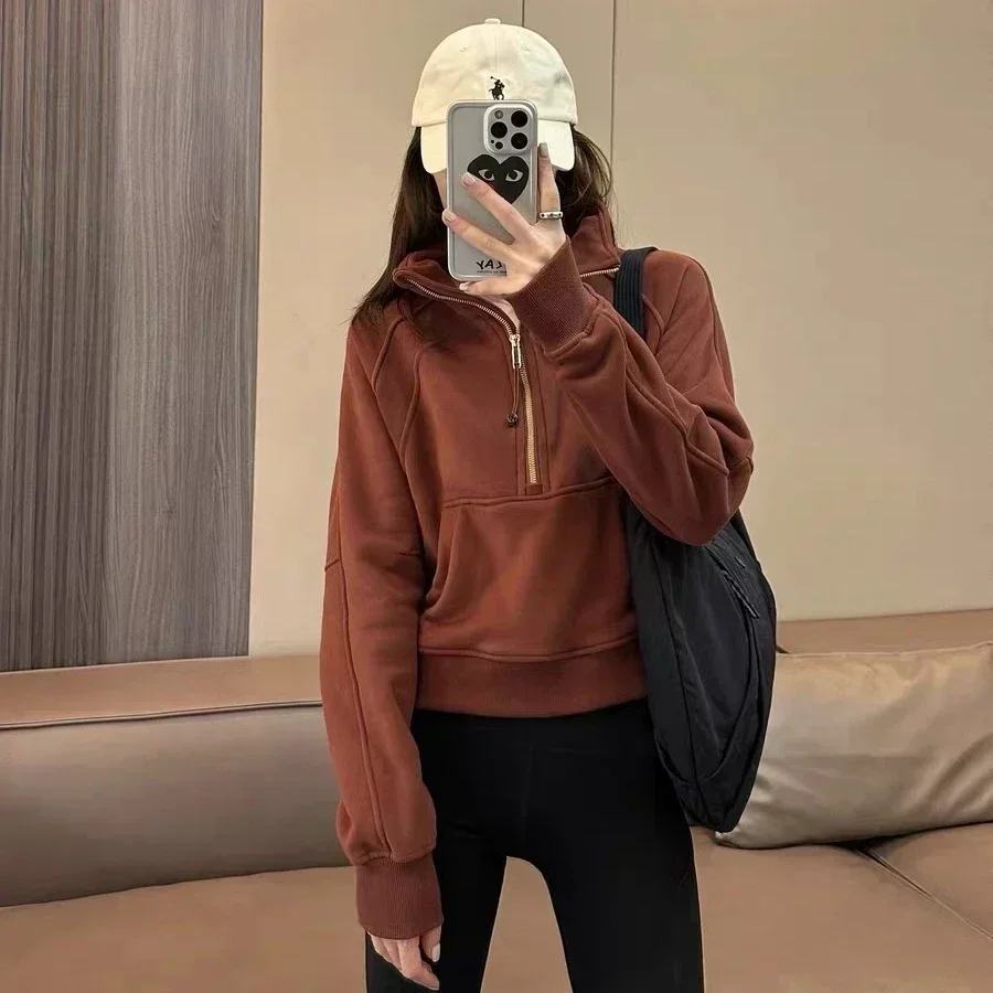 Lemon Women Scuba Half Zipper High Collar Hoodie Thickened Warm Loose Sweatshirts Outdoor Sport Fitness Yoga Running Jacket