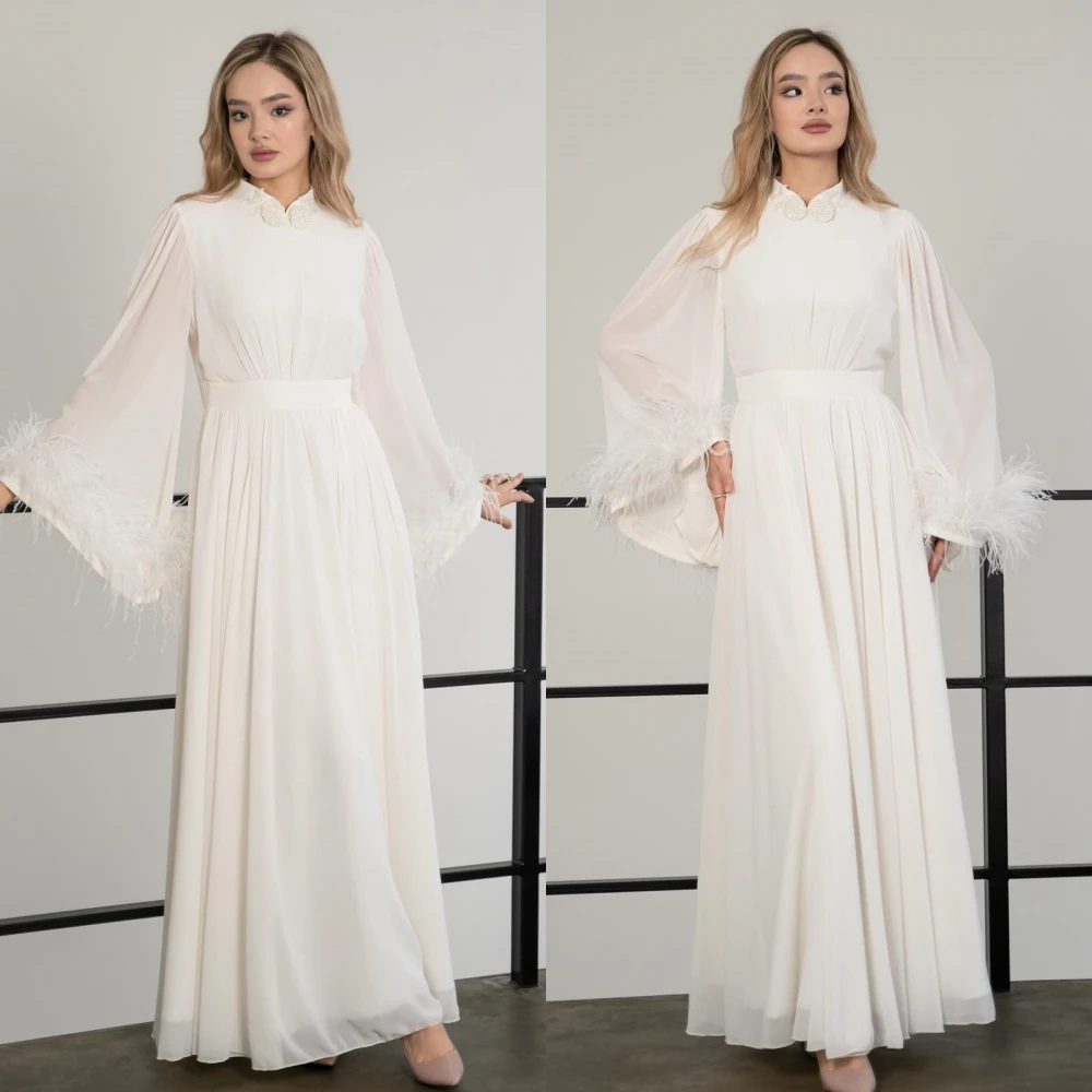 

Elegant High Quality Collar A-line Formal Ocassion Gown Feathers Beading Draped Anke Length Chiffon Evening Dresses