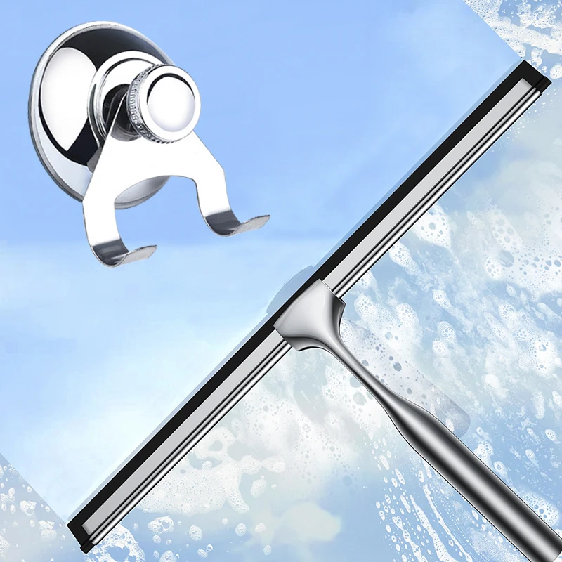 14'' Shower Squeegee with Suction Cup Hook Stainless Steel Handle Silicone Scrape Car Window Glass Door Cleaning Tools 10'' 12''