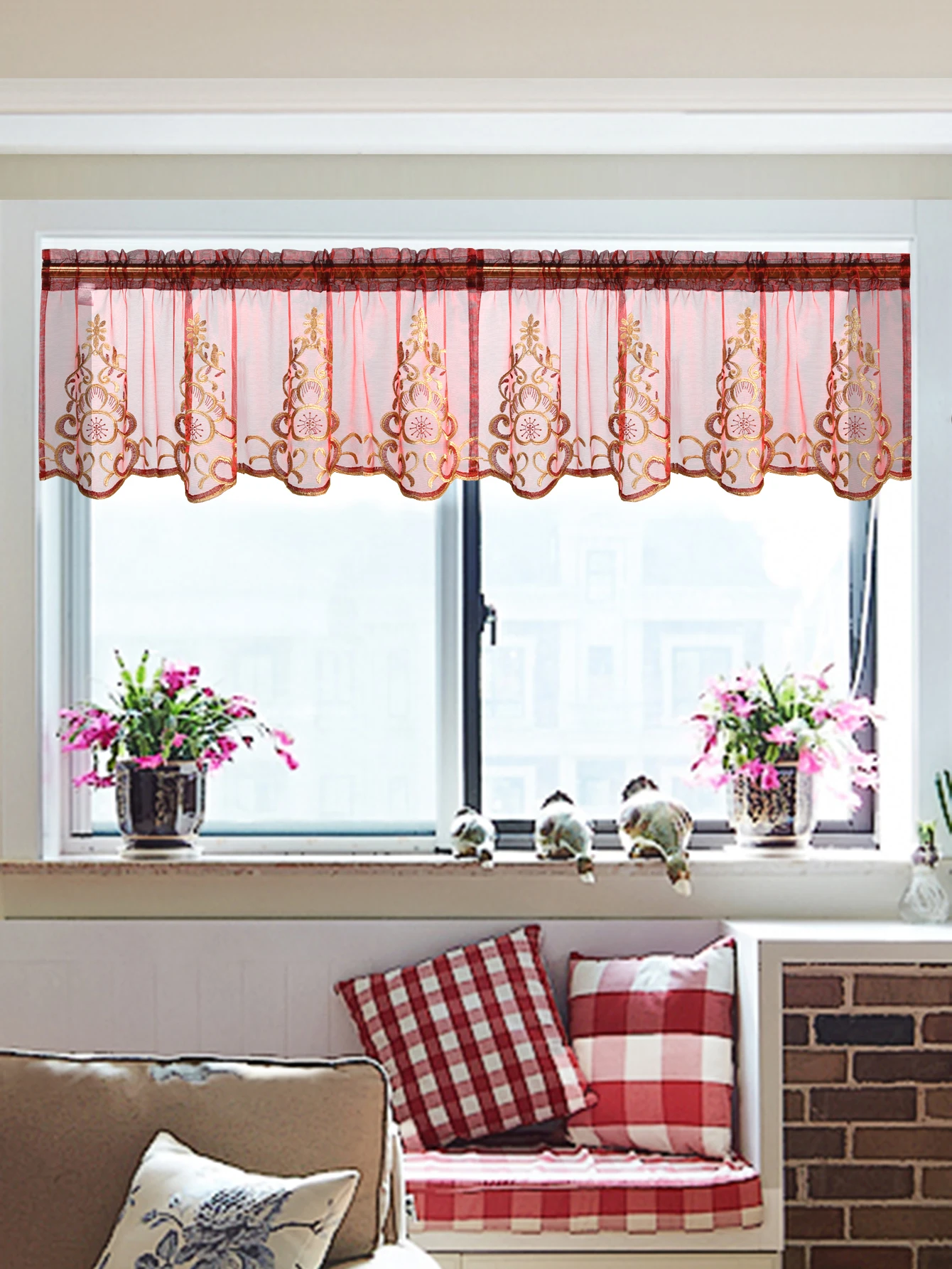 Description Picture 4 of item1 PC Embroidery Sheer Valance,Sweet and Cute Style Window and Cabient Short Curtain Decor,Rod Pocket Half Sheer Kitchen Curtain