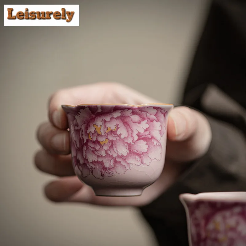 2pc/lot Pink Ru Kiln Peony Flower Mouth Teacup Aesthetic Tea Bowl Tea Cup Set Fragrance Cup Chazhan Tea Items Ornaments 55ML