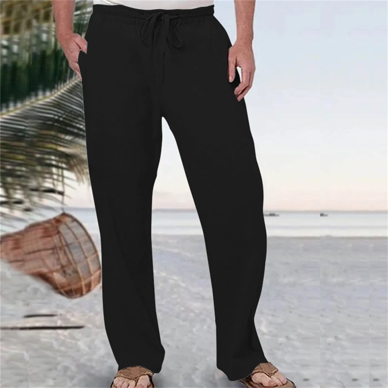 

Брюки мужские длинные из хлопка и льна, однотонные дышащие льняные штаны, повседневные брюки с эластичным поясом, в стиле Харадзюку, на лето