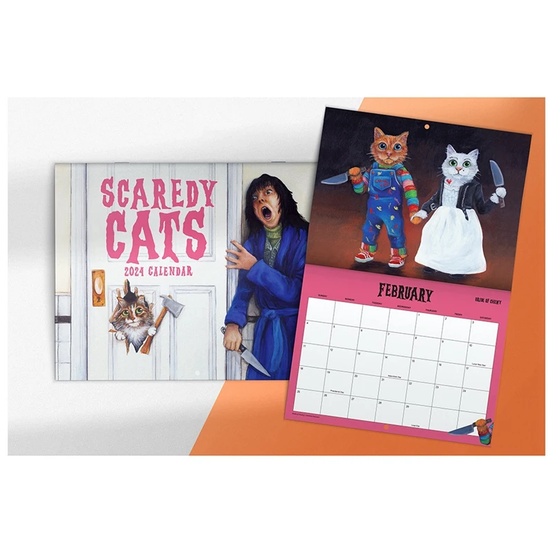

1 PCS Scaredy Cats 2024 Monthly Calendar As Shown About 21X29cm Horror Movie Cat Parody 12-Month Wall Calendar