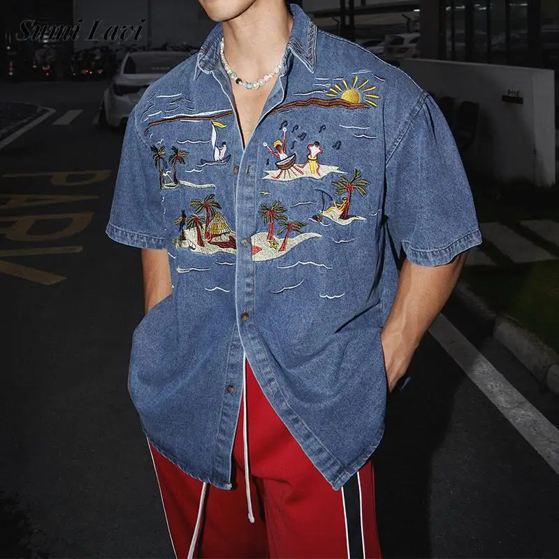 Casual Short Sleeve Denim Shirts for Mens Spring Summer Stylish Embroidery Denim Tops Men Vintage Button Turn-down Collar Shirt denim shirt