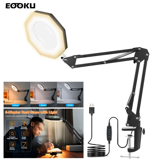 Magnifying Glass with Light and Stand 3 Color Modes Stepless Dimmable  5-Diopt