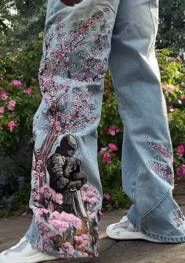 2025 New Mens Jeans Cherry Blossom Embroidery Exotic Knight Design Cultural Symbol Pattern Fusion Trendy Eye Catching Style 5