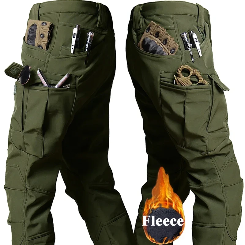 High Quality Men Pants Outdoor Windproof Waterproof Workwear Sharkskin Thick Tactical Trousers Fleece Military Warm Multi Pocket