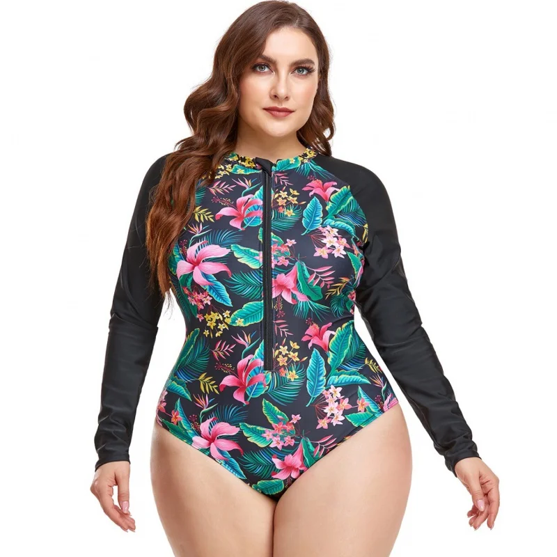 New plus Size Long Sleeve Women's Swimsuit Surfing Suit round Neck Zipper Printed Stitching One-Piece Swimsuit for Women