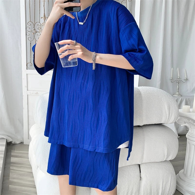 

5XL-M High Quality Wave Pattern Drape Loose Casual Men's Sets Simple Short Sleeve Ice Silky Summer T Shirts + Shorts