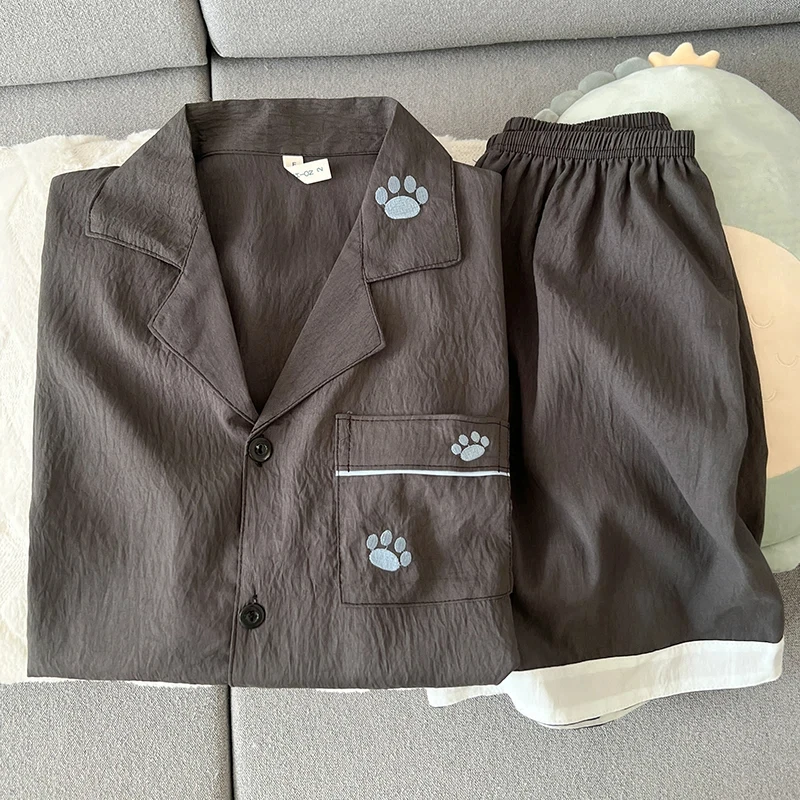 자수 패턴 남성 여름 신상 파자마 세트 한국 스타일 캐주얼 귀여운 2PCS 남성 라운지웨어 홈웨어 패션 부드러운 잠옷