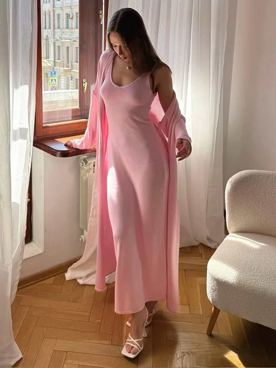 Bornladies  Autumn Hot Sale Women Knitted Set Soft Long Sleeve Cardigan Camisole Dress Cozy Cover Up Set Elegant Casual Outfit