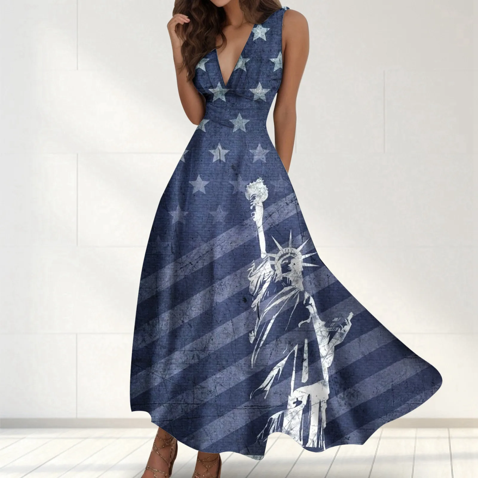 

Women's Fashion Summer 2024 USA Printed Dress Sleeveless A Line V Neck Dresses Side Zipper Style Casual Long Sundress For Women