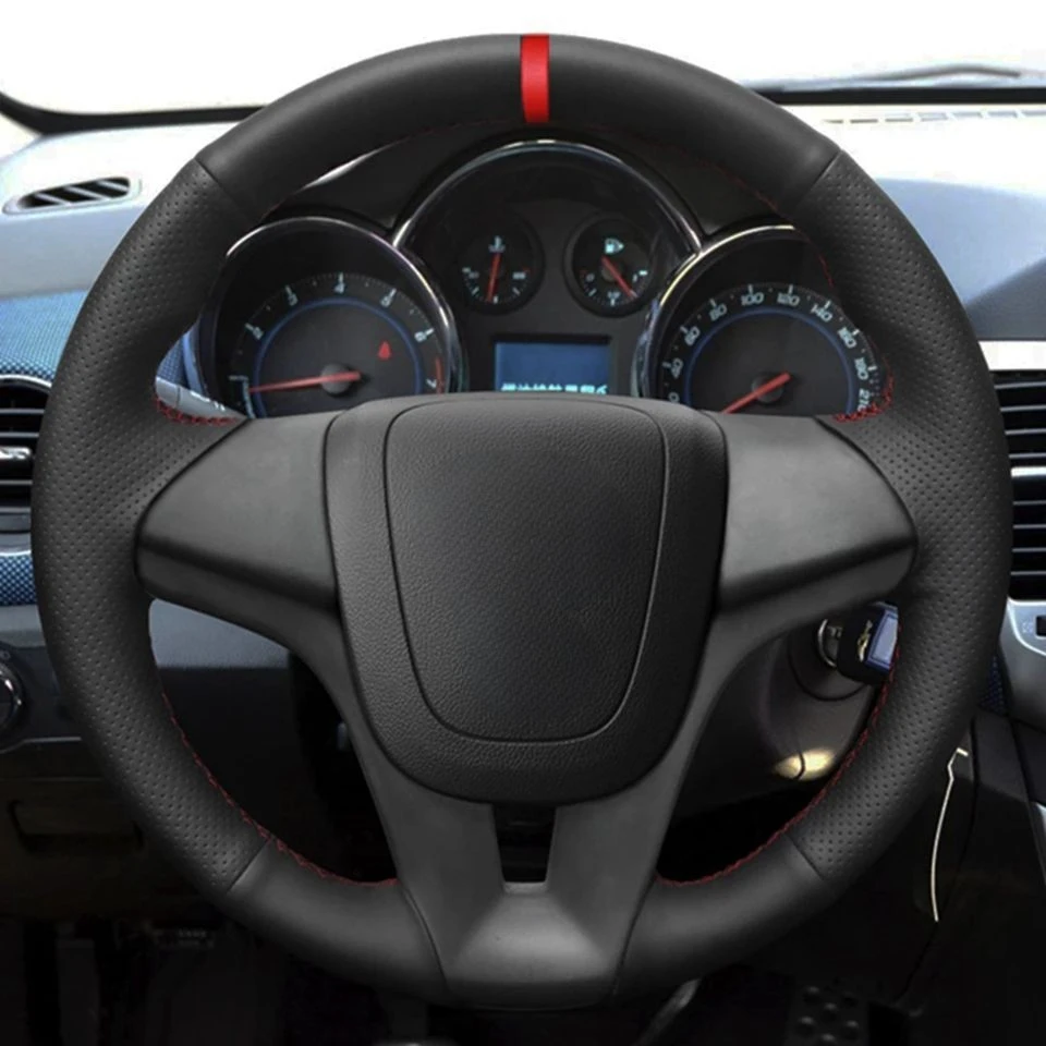 Auto-Lenkradbezug, handgenäht, weiches schwarzes Kunstleder für Chevrolet Cruze 2009–2014, Aveo 2011–2014, Orlando 2010 – Detail 1