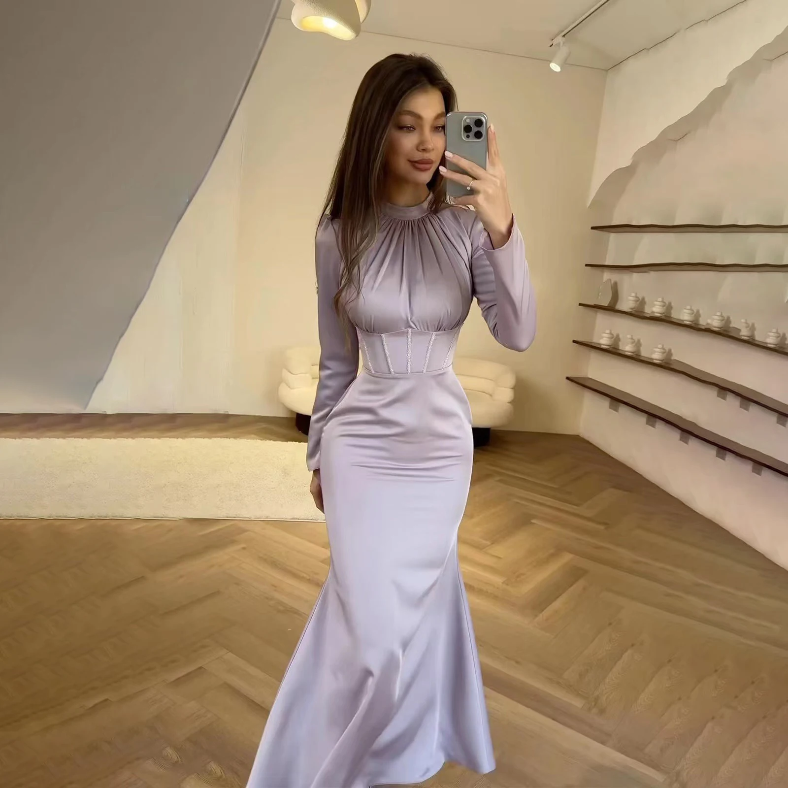 

2024 New European And American Style Slim Fit Long Sleeved Fashionable Pleated Pleated Lace Up Dress