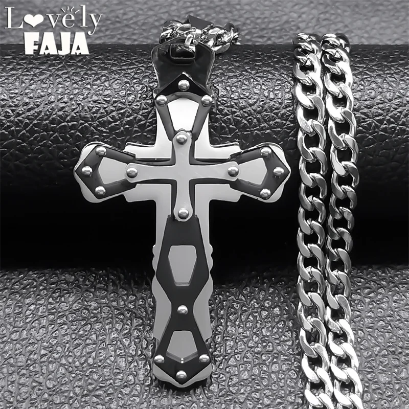 Hip Hop Goth große Herren Kreuz Halskette Edelstahl Silber Farbe Christian Biker Anhänger lange Halsketten Party Schmuck n2339s03