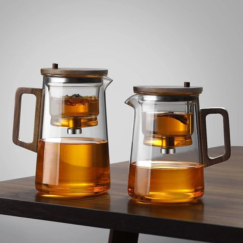 OneClickFilteringGlassTeaPotTeaWaterSeparationInnerContainerWalnutWoodHandleTeapot