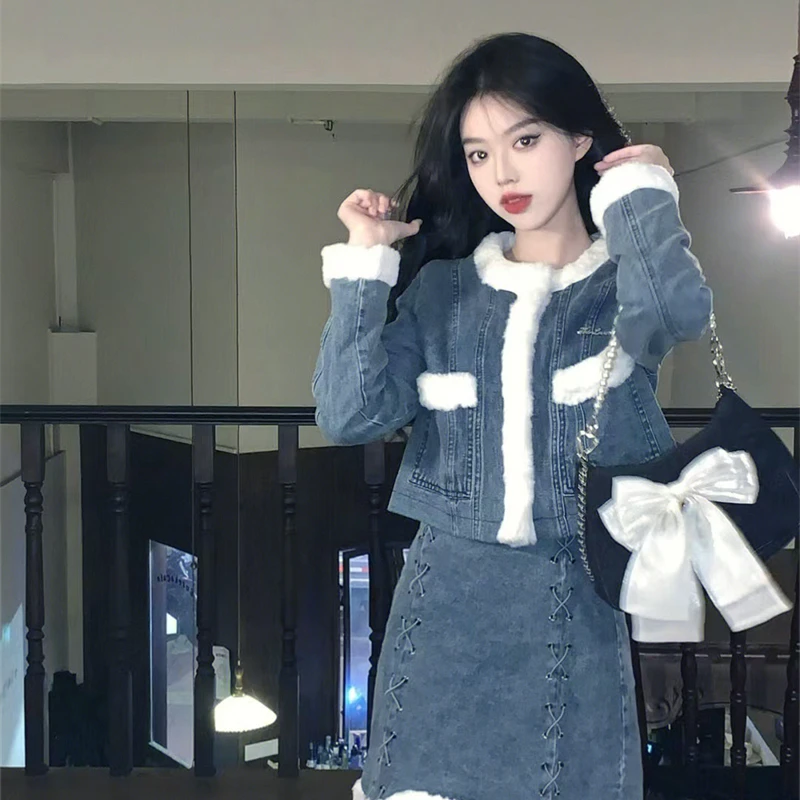 

Woman's Winter Wind Plus Size Rabbit Hair Stitching Denim Blazer Skirt Suit Retro Mao Mao Denim Suit Strap Skirt Two-piece Sets