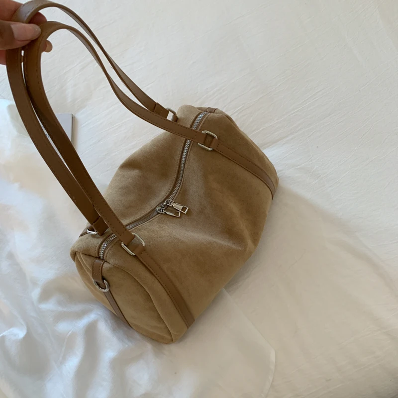 Suede Leather Casual Handbag Solid Color Versatile Shoulder Bag Large Capacity Elegant Boston Bag Travel Shopping Date Bag