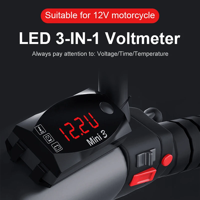 3 In 1 Universal Motorcycle Electronic Clock Thermometer Voltmeter 12v