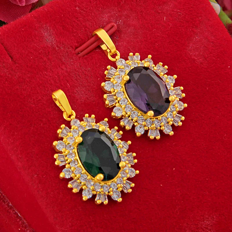

Vietnam Sand Gold Set Emerald Blue Lady Pendant Brass Gold Plated Water Drop Pendant Necklace Imitation Gold Accessories