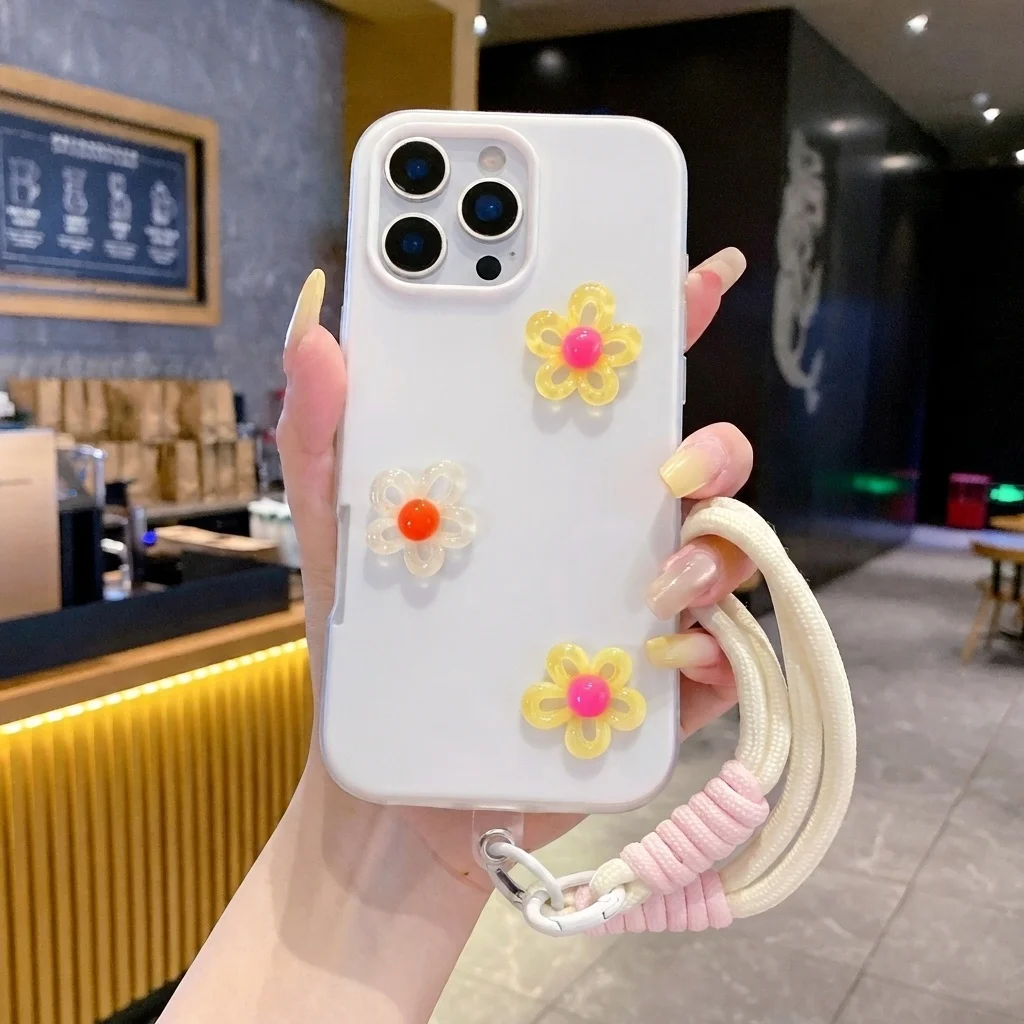 White 3D DIY Colorful Flower Lanyard Phone Case - Shockproof Soft Cover