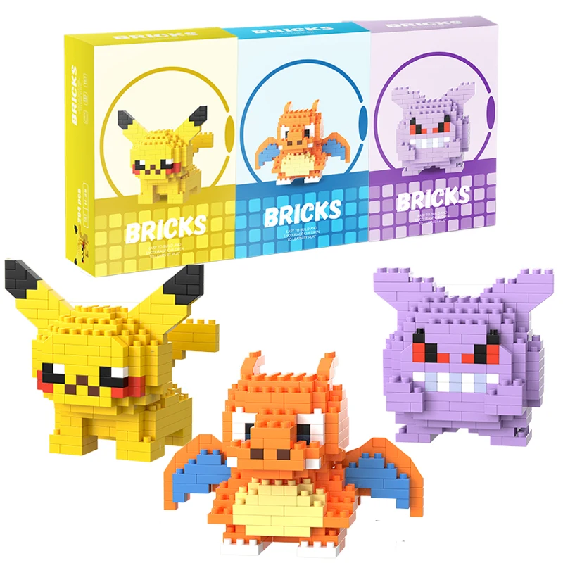 Blocos de Montar de Personagens de Desenho Animado Pokémon Gengar, Charizard e Pikachu - Presente de Aniversário