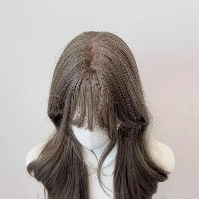 Gray brown neat bangs large wave synthetic wig | high quality soft hair natural headgear | suitable for daily wear 4