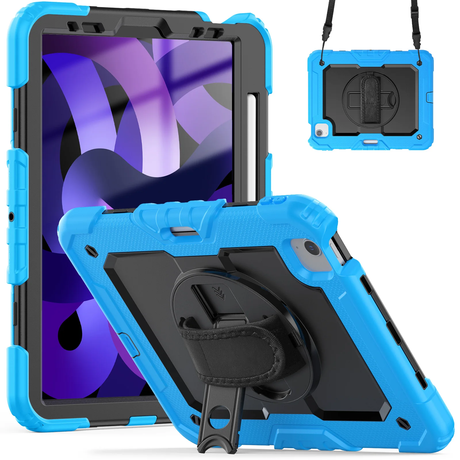 Shockproof Tablet Case with Screen Protector and 360° Rotating Hand Strap, Featuring Pencil Holder