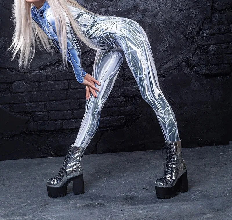 FASHION Woman Crystal Damage Costume Black Mirror Jumpsuits Woman Art Print Zentai Bodysuit Girl Holiday Party Cosplay Outfit