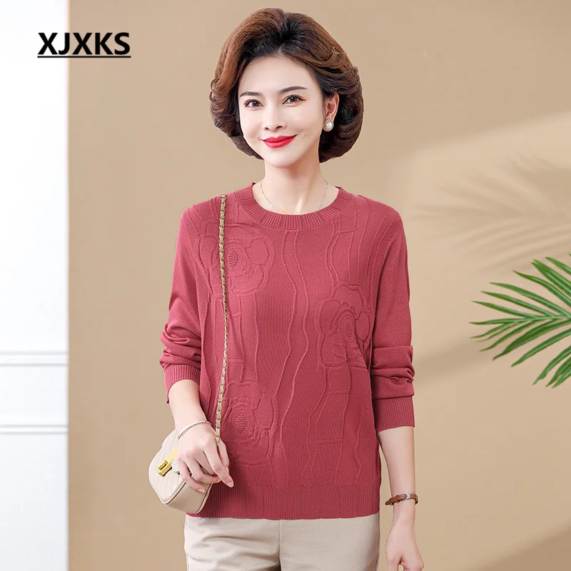 

XJXKS 2023 Autumn And Winter New Women's Bottoming Sweater High-end Jacquard Ice Silk Knit Pullover Loose Oversize Tops