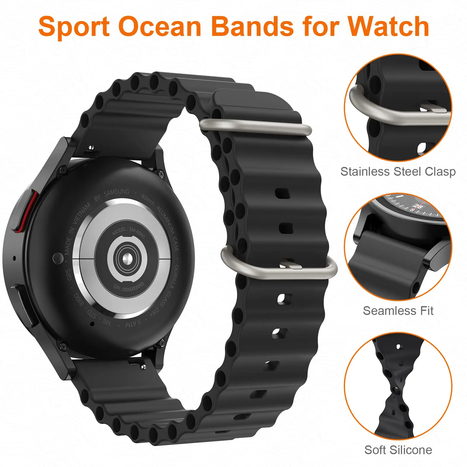Ocean Sport Silicone Strap Band, 20mm/22mm,